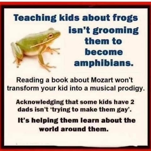 Teaching kids about frogs isn't grooming them to become amphibians. Reading a book about Mozart won't transform your kid into a musical prodigy. Acknowledging that some kids have 2 dads isn't 'trying to make them gay'. It's helping them learn about the world around them.