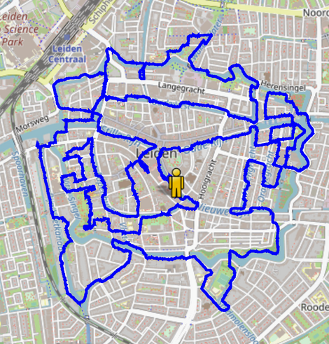 GPS trace overlaid on a map of Leiden. How to cross 100 bridges.