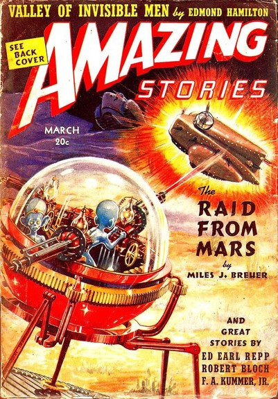Blue alien creatures in a mechanical device on legs are shooting at some kind of military object/conveyance, possibly a tank, with a beam weapon.
Amazing Stories magazine cover from the 1930s.

Amazing Stories vol. 13, no. 3 (1939/03).