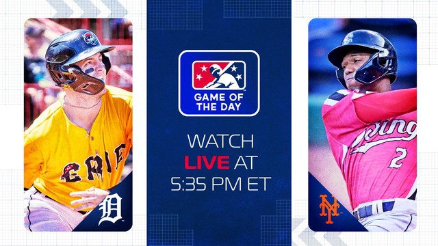 A graphic with three parts: 
On the left, Jace Jung, in an ErieSeawolves uniform and batting helmet, watches an out-of-frame ball soar. The logo of the Detroit Tigers overlays the photo on the lower right corner.
In the middle, the MiLB logo and text on a blue background: GAME OF THE DAY WATCH LIVE AT 5:35 PM ET.
On the right, a photo of Luisangel Acuña, in a Binghamton Rumble Ponies uniform, following through on a swing. The logo of the New York Mets overlays the photo on the lower left corner.