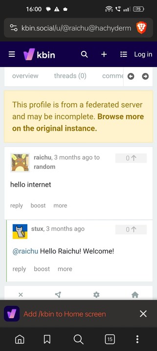 A screenshot of kbin.social showing my posts. Only my first "hello internet" post is shown with one reply