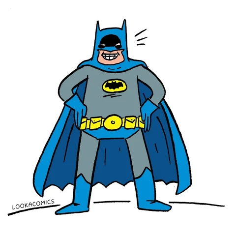 Disegno di Batman che sorride con il costume degli anni 60, colore blu acceso e grigio chiaro