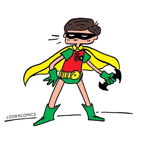 Disegno di Robin con il suo costume degli anni 60, con il mantello svolazzante e un batarang in mano