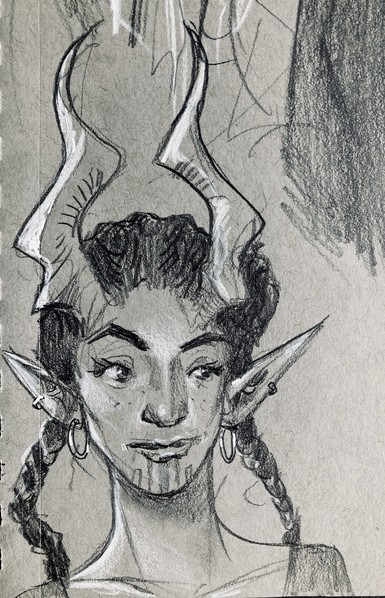 A graphite drawing of a thiefling from dnd with horns, pointy ears and braids. The rendering of the drawing uses toned paper so that I can draw highlights with a white pencil. The paper acts as a middle value