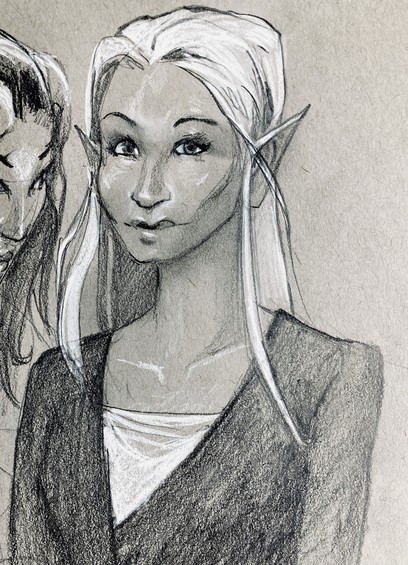 Drawing of a fantasy elf with white hair. The rendering of the drawing uses toned paper so that I can draw highlights with a white pencil. The paper acts as a middle value.