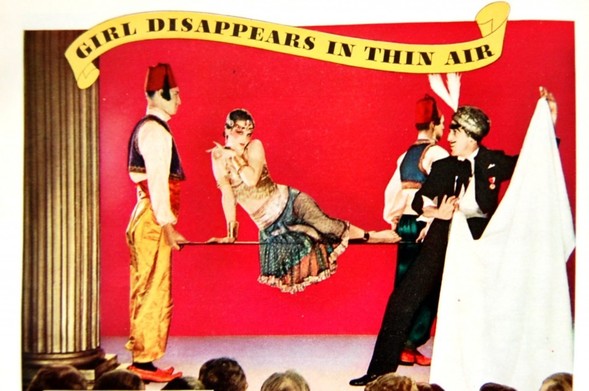 An old-time illustration for a magic show, featuring a sultry woman sitting on a plank carried by two fez-wearing men with a magician about to cover her with a sheet. The caption reads: "GIRL DISAPPEARS IN THIN AIR"