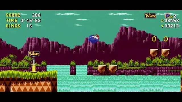 A side view of Sonic as he jumps from one platform to another over a waterfall. A sign marked "future" is on the bank he just left.

Sonic CD, or Sonic the Hedgehog CD is a side-scrolling platformer (released in 1993, then re-released in 2011) featuring the eponymous character and a time-traveling mechanic. Dr. Robotnik has invaded the small planet to take over the magic stones that control time. To slow down Sonic, he has also sent Metal Sonic to kidnap Amy Rose. Sonic must save both the little planet and Amy. RSDK v3 is a compatible engine resulting from a decompilation of the original engine (Retro Engine v3). It brings multi-platform support (including Android), redefinable controls, and pixel-perfect display.
