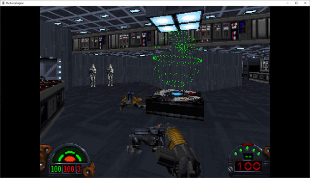 An FPS view showing the player armed with a futuristic rifle as he enters a large room with 2 stormtrooper in the background and a 3D space map

STAR WARS Dark Forces 1 is an FPS (released in 1995, LucasArts studio) with puzzle and strategy elements, set in the Star Wars universe, starting a little before the events of the 1st film and continuing 1 year after. The player is Kyle Katarn, a Rebel Alliance mercenary who helped destroy the Death Star 1 year earlier by recovering its plans. Now he's been hired once again to investigate the Galactic Empire's secret Dark Trooper project, a project to develop powerful battle droids and high-strength stormtroopers. The Force Engine is a libre, multi-platform engine that is compatible with, and extensively enhanced by, modern hardware support and improved rendering.
