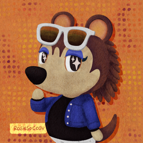 It's Label from Animal Crossing, a brown hedgehog character wearing white sunglasses on her head, blue eyeshadow and black eyeliner on her eyes. She has a black nose. She's posing wearing a white pair of jeans, black top and blue denim jacket with white buttons. The background is orange with yellow and red/purple dots.