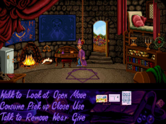 Simon the Sorcerer (1993) screenshot.  Showing Simon at the start of the game, standing in Calypso's house, with Simon's dog Chippy sleeping near the fireplace.