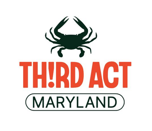 Third Act Maryland logo. Black crab on white background, with Third Act Maryland centered underneath.