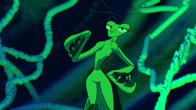 A cartoon praying mantis striking a sassy pose against a field of eerily lit pipes.
