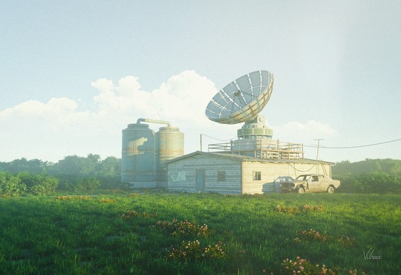 An old shed in a grassy field. There is a large homemade radio telescope sticking out of the roof of the shed.