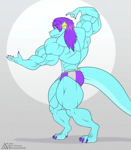 Furry art of the character Axmil. He is an anthropomorphic cyan-colored dragon with a very muscular build. He is posing in a classic Arnold Schwarzenegger bodybuilding pose, facing to the side and twisting his upper body to show his back and flexing arms to the viewer.