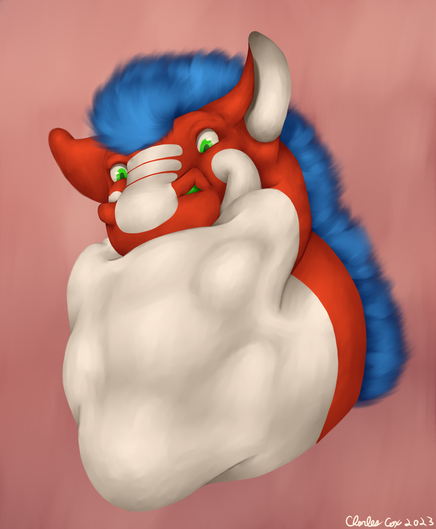 Portrait of a chubby red and white dragon taur.  They have their head leaning angled downwards squishing into their full throat pouch.  The occupant slightly struggleing after being squished.