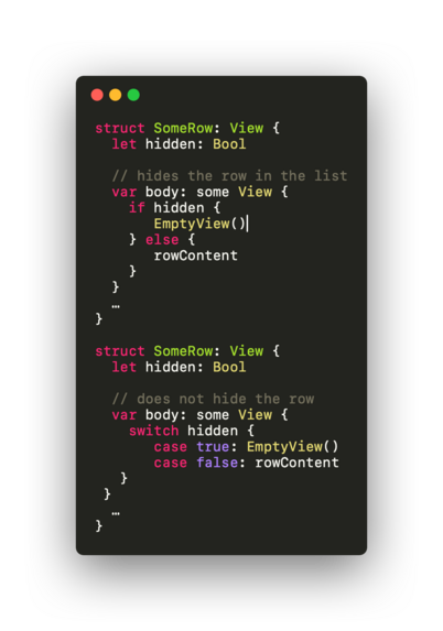 SwiftUI code that contrasts the usage of a an if statement in a row with using switch.