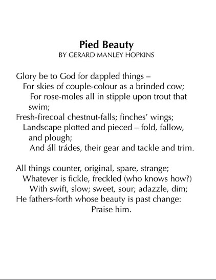 Pied Beauty
BY GERARD MANLEY HOPKINS


Glory be to God for dappled things – 
   For skies of couple-colour as a brinded cow; 
      For rose-moles all in stipple upon trout that swim; 
Fresh-firecoal chestnut-falls; finches’ wings; 
   Landscape plotted and pieced – fold, fallow, and plough; 
      And áll trádes, their gear and tackle and trim.

All things counter, original, spare, strange; 
   Whatever is fickle, freckled (who knows how?) 
      With swift, slow; sweet, sour; adazzle, dim; 
He fathers-forth whose beauty is past change: 
                                Praise him.