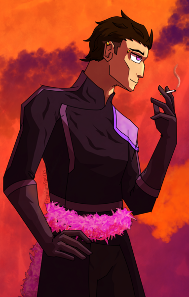 A man smoking a cigarette. He is wearing a uniform and has a bright pink feather boa tied around his waist. Sunset colors are used.