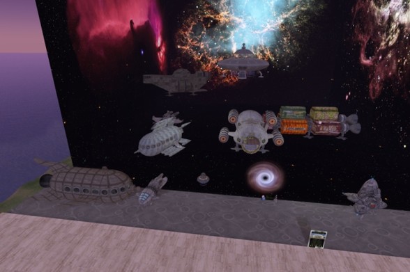The first image described in the post text. It is a shaded, non-ray-traced digital rendering from inside a 3-D virtual world that shows a display at the virtual exhibition event OpenSimFest, featuring a cube-shaped backdrop with nebulae on it, three robots and ten spaceships, all built by Arcadia Asylum in the late 2000s and early 2010s. There is also an info sign, and a teleporter is standing at the front edge of the display. A more detailed description including transcriptions of the sign and the teleporter labels can be found in the post text.