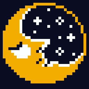 Pixel Art (32x32) de uma lua minguante com rosto de perfil dormindo circunscrita em um circulo. 

Dentro do circulo do lado do rosto várias estrelas brilhando.