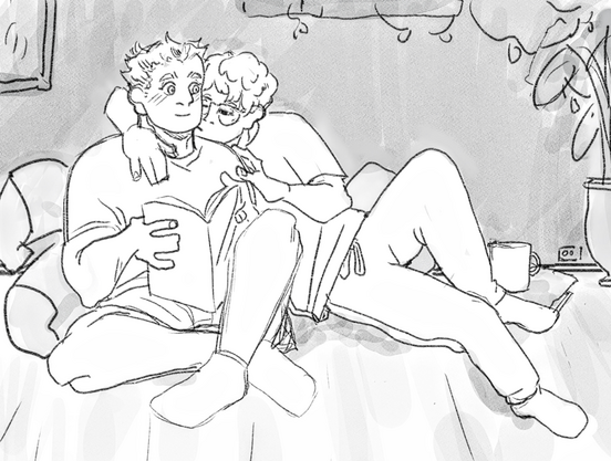 Full-body clean sketch of Bokuto and Tsukki from Haikyuu. They are sitting on the floor and Tsukki is hugging Bokuto from behind and softly kissing his jaw.