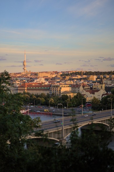 View of a sunlit center of Prague, Czech Republic.