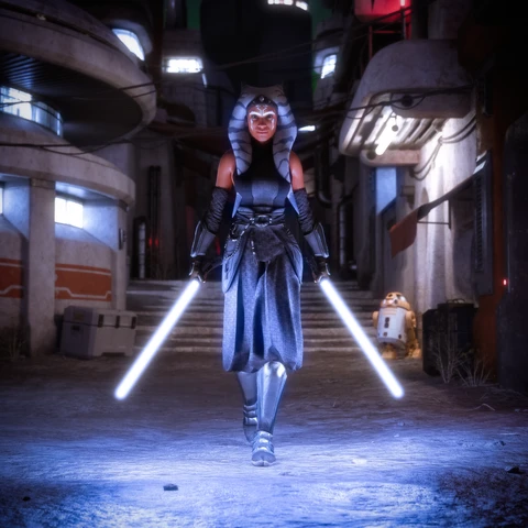 Ahsoka Tano from Star Wars walking towards the viewer in a drak alley that has neon lights an lighed windows. In the right back a white yellow astromech droid can be seen, to the left in the back is a crate. In the back are stairs leading up. Ahsoka has two lightsabers in her hands pointing to the floor to the right and left of her.