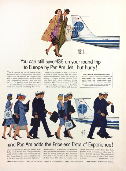 advertisement with a happy couple at the top running off to catch a pan am plane. The bottom pannel has the crew also walking to the aircraft