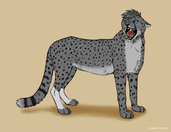 A full body of a grey cheetah, snarling or hissing. His eyes are blue. Digitally drawn.