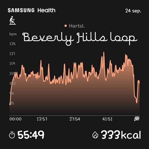 My heart rate during the ride according to my watch. It wasn't the hardest ride I guess but for me and my legs (and condition) it sure was a challenge. Time is too long, forgot to turn off the watch, at 55:49. It says I burned 333 kcal. The way I was sweating, it felt like much more!