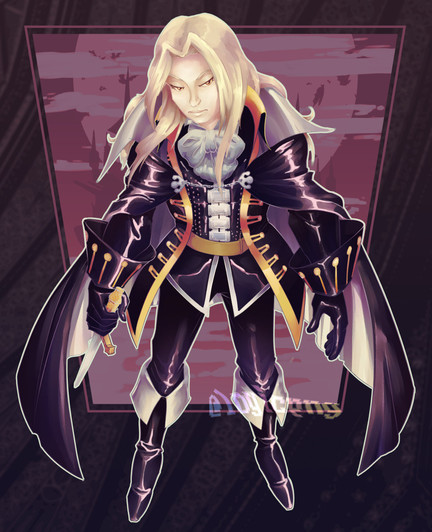 Digital fanart of Castlevania's Alucard: a platinum bond pale man in a gothic outfit consisting many black shiny elements, golden accents, and a black cape with silver inside. He's standing with his sword idly, at a slight top view angle. The background consists of a scene in a rectangle - faint silouhette of a castle in front of a moon with bats flying, and a faint pattern resembling a church ceiling behind the rectangle.