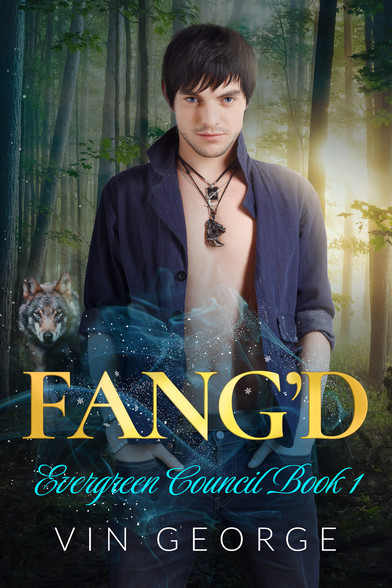 The cover features a young man standing in from of a forest with a wolf off to one side. The man's shirt is open and he is wearing a couple of pendants around his neck.