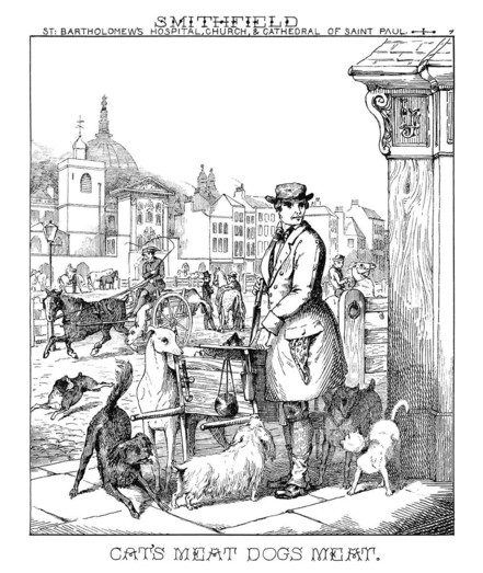 A man holding a large knife stands at a street corner in front a hand barrow surrounded by dogs
