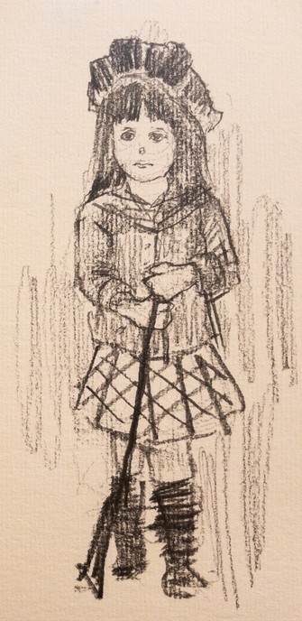 Pencil drawing. A long hair female child wearing big hat full-body.