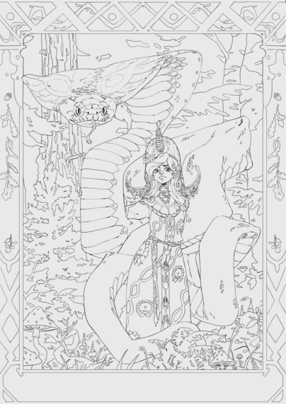 Very detailed line-art black and white image of a woman holding a giant snake, drawn in a style reminiscent of Bilibin.