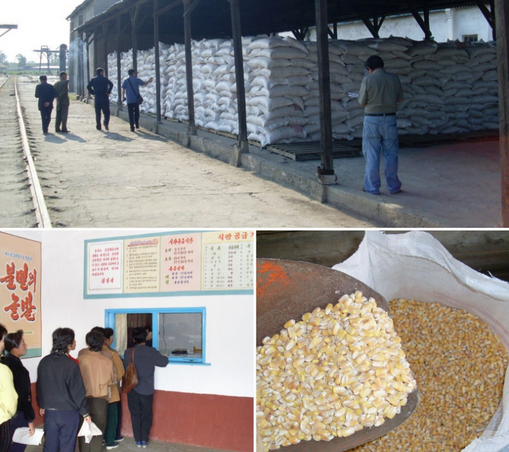 Pictures from North Korea: Food aid stored in warehouses; aid recipients queuing at a Public Distribution Center; donated maize