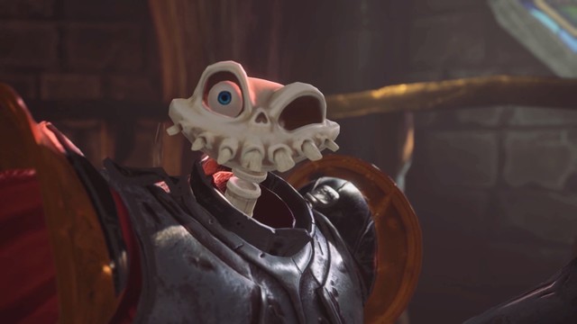 Rostro del protagonista de Medievil. Es una calavera, con dientes saltones y solo un ojo.