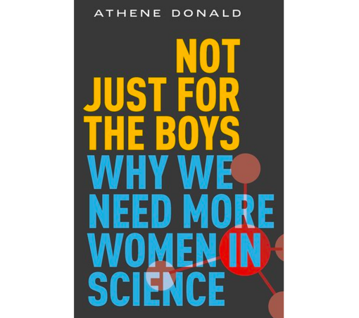 Book cover with a dark grey background featuring the title 'Not Just for the Boys' in yellow font at the top and 'Why We Need More Women in Science' in blue font below. In the bottom right corner, there's a schematic image of a red molecule.