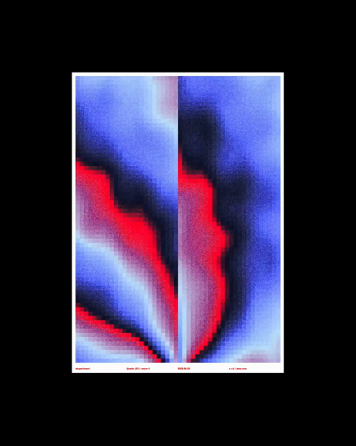 animated poster with wavy shapes in black, blue, white and red smoothly flowing down, almost like water. at the bottom is a thin white line that says, translated from norwegian, "experiment twenty-one (21), touch 4, 2023.09.25, s.r.d, øøø.com"