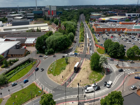 Drone shot of bus route improvements at Heybarnes Circus island, in Small Heath.
Image by West Midlands Combined Authority