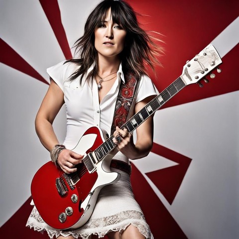 Scottish Music Art: KT Tunstall in white blouse and skirt, with red and white guitar, red and white patterned background
