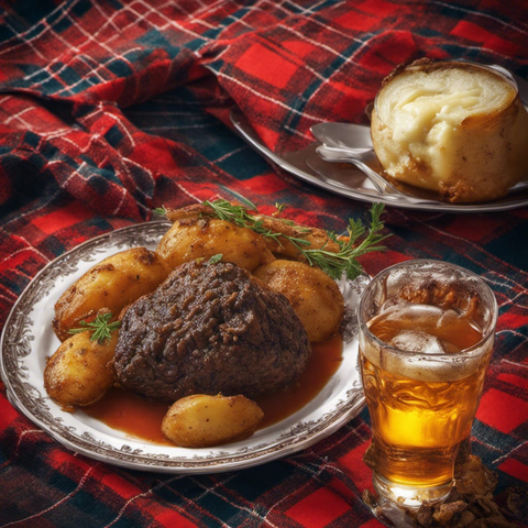 Scottish lunch art: haggis and roast tatties with beer on tartan cloth