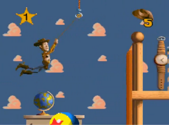 Gameplay of Toy Story. Woody swinging in the air using his pullstring.
