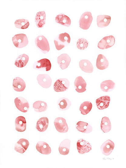 Image of "Variant 1". The watercolor and colored pencil painting consists of 35 amorphous shapes arranged in 5 columns and 7 rows. Each shape is painted with wet-in-wet watercolor technique in shades of alizarin crimson. Some of the shapes also contain detailed renderings of histology images from the placenta,  colon, and testes. Each shape also contains a perfect circle of white negative space.