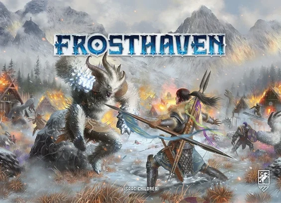 A warrior fights off a might frost monster in front of a burning village. The ground is covered in snow. The text across the top reads "Frosthaven"