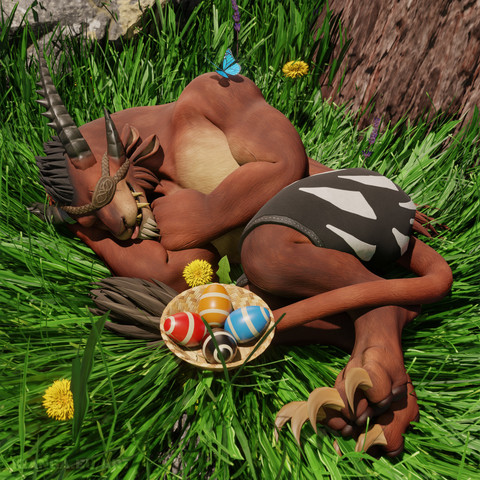 3D render of a male charr with brown fur and an eye patch, curled up and sleeping in long grass between some dandelions, with his tongue sticking out in a blep. He's wearing black shorts and no shirt. There's a basket with four large painted Easter eggs next to him, in the colors of the four charr legions: red for Blood, yellow for Flame, blue for Iron, black for Ash.