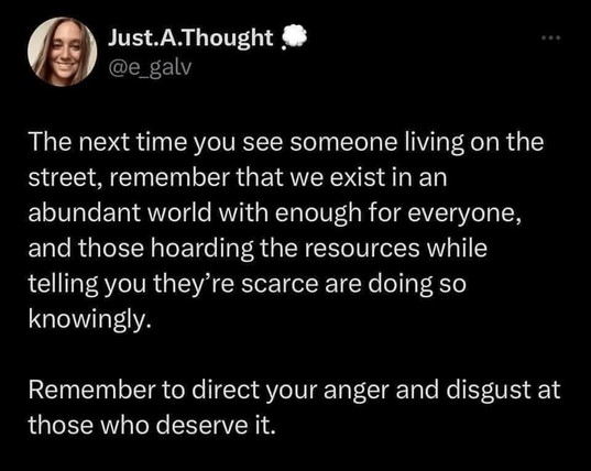 Tweet: The next time you see someone living on the
street, remember that we exist in an abundant world with enough for everyone,
and those hoarding the resources while telling you they're scarce are doing so
knowingly. Remember to direct your anger and disgust at those who deserve it."