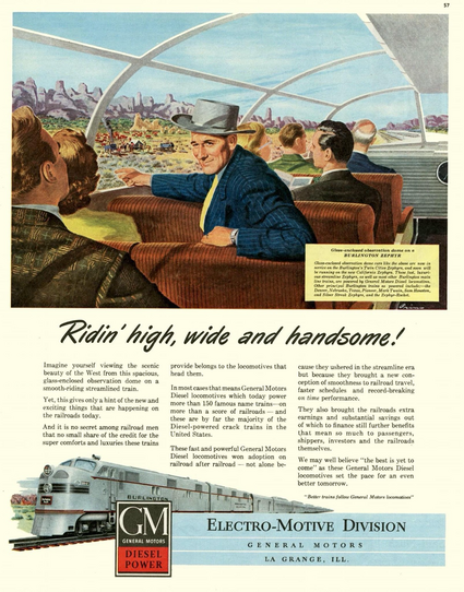 Passengers riding a train sit in the Vista Dome, peering out over a wild West scene. A man in a blue pinstripe suit turns and speaks to a man and a brown suit.