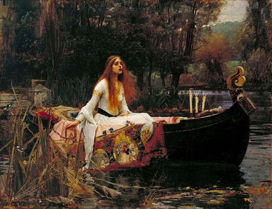 A doomed young woman on a boat wearing a long white dress PreRaphaelite style Victorian painting