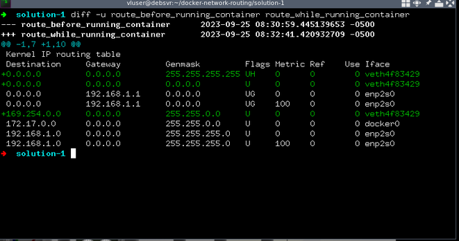 Routing table comparison between 0 containers running, and starting a container.